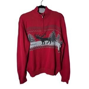 Chaps Red Fair Isle Reindeer Moose 1/4 Zip Sweater L